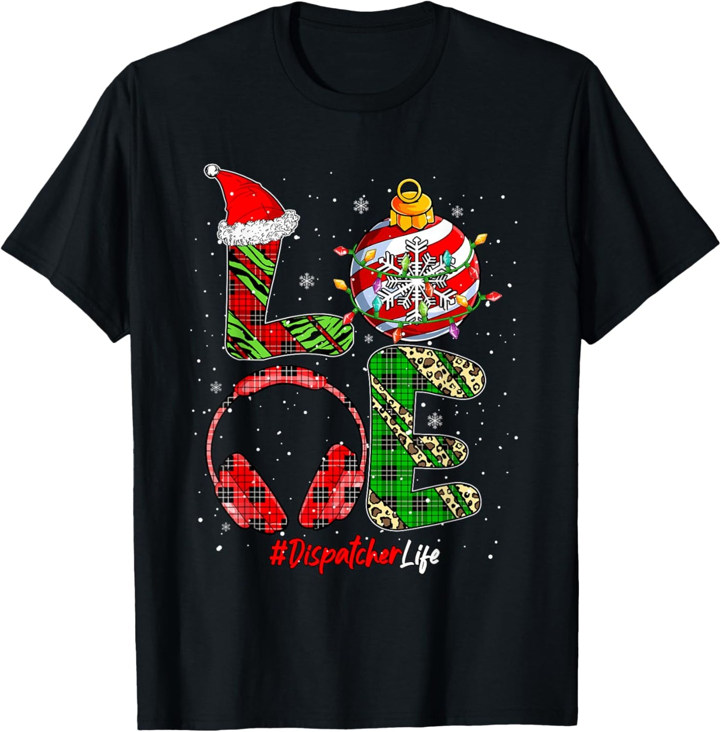 LOVE Dispatcher Job Christmas Leopard Colorful Costume Team T-Shirt - T-Shirt | Black