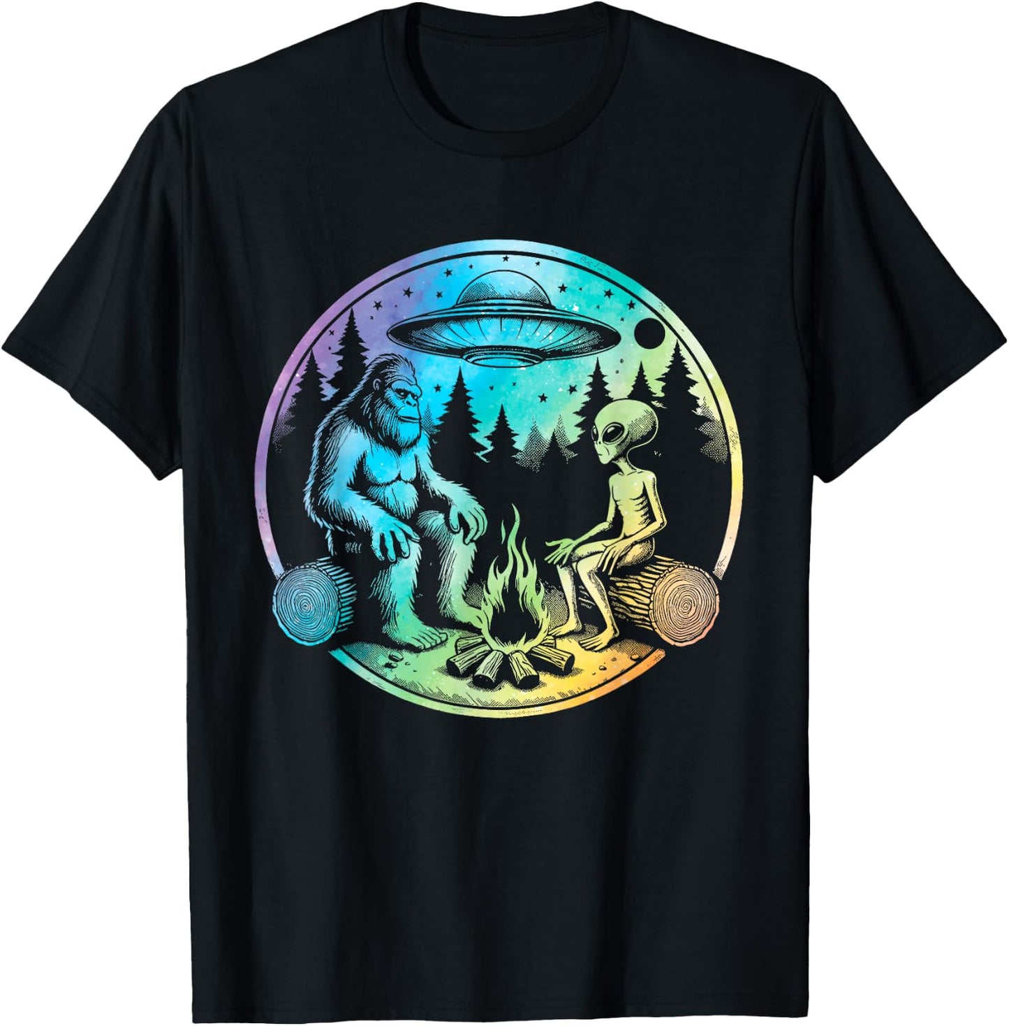Bigfoot and alien sasquatch camping tie dye T-Shirt - T-Shirt | Black