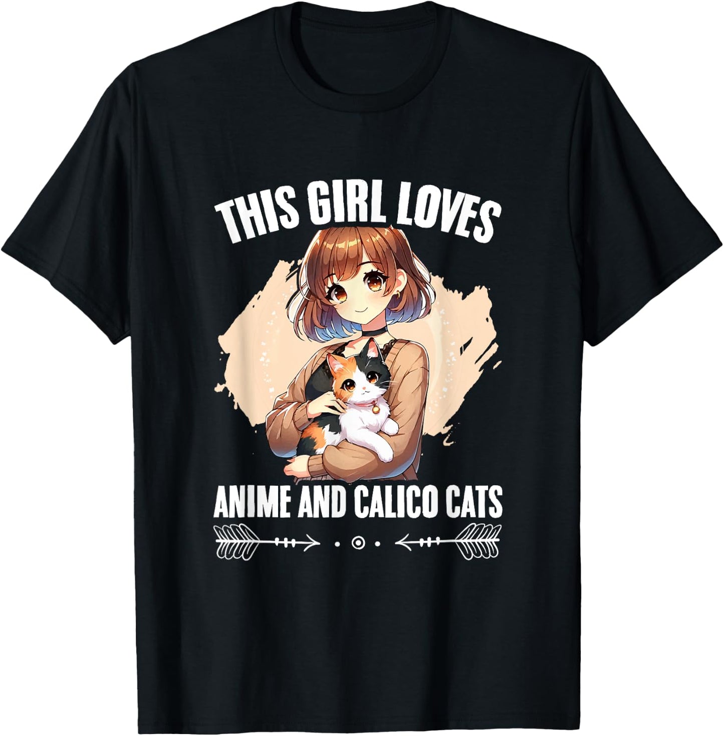 Kawaii Feline Animal Japan Anime Girl And Calico Cat Girl T-Shirt - T-Shirt | Black