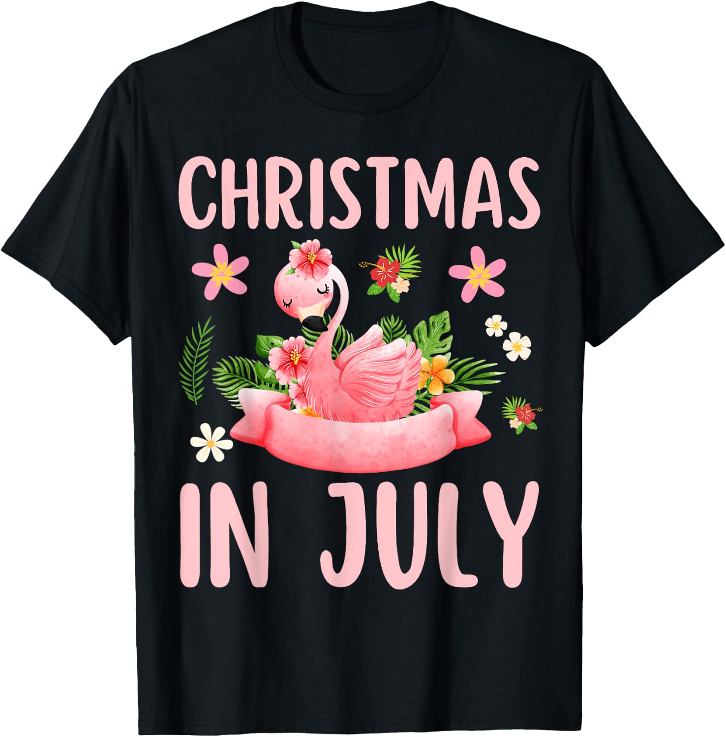 Christmas In July Shirts Pink Flamingo T-Shirt - T-Shirt | Black