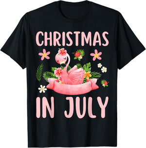 Christmas In July Shirts Pink Flamingo T-Shirt - T-Shirt | Black