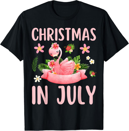 Christmas In July Shirts Pink Flamingo T-Shirt - T-Shirt | Black