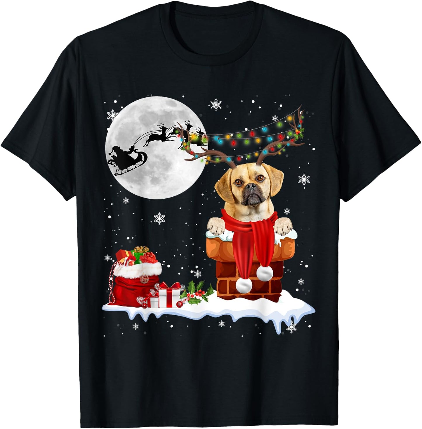 Puggle Dog Chimney Ugly Christmas Lights Xmas Pajamas Men Women Kids T-Shirt - T-Shirt | Black