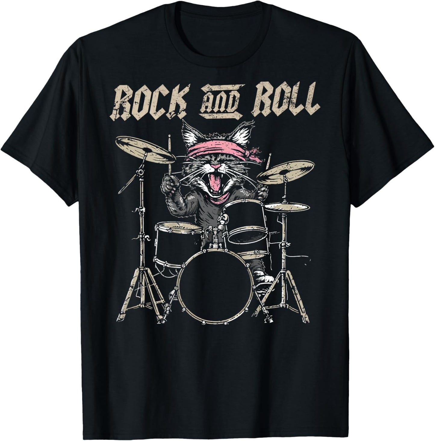 Rock and Roll Cat Drum Vintage ROCK Cat Drummer (ART BACK) Women Kids T-Shirt - T-Shirt | Black