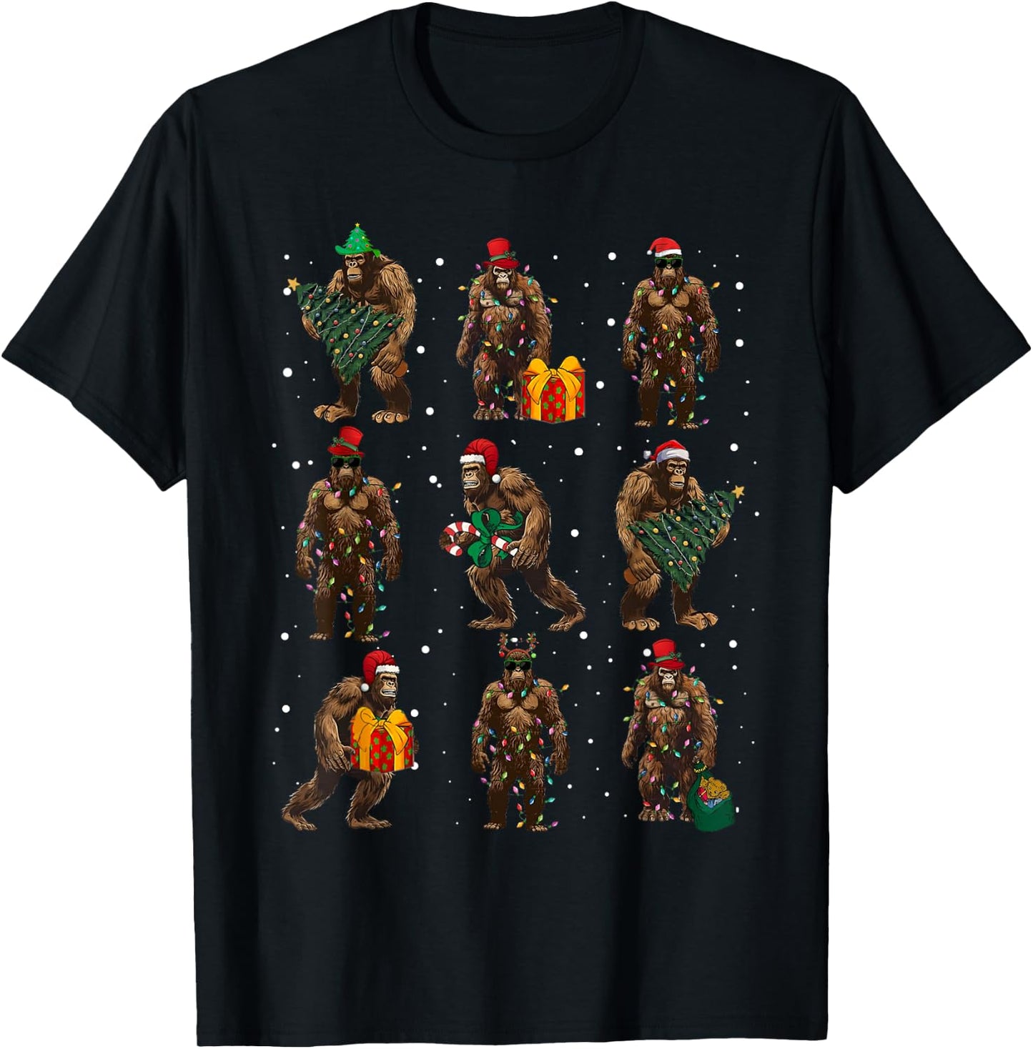 Bigfoot Christmas Tree Lights Xmas Decorations Boys Men PJ T-Shirt - T-Shirt | Black