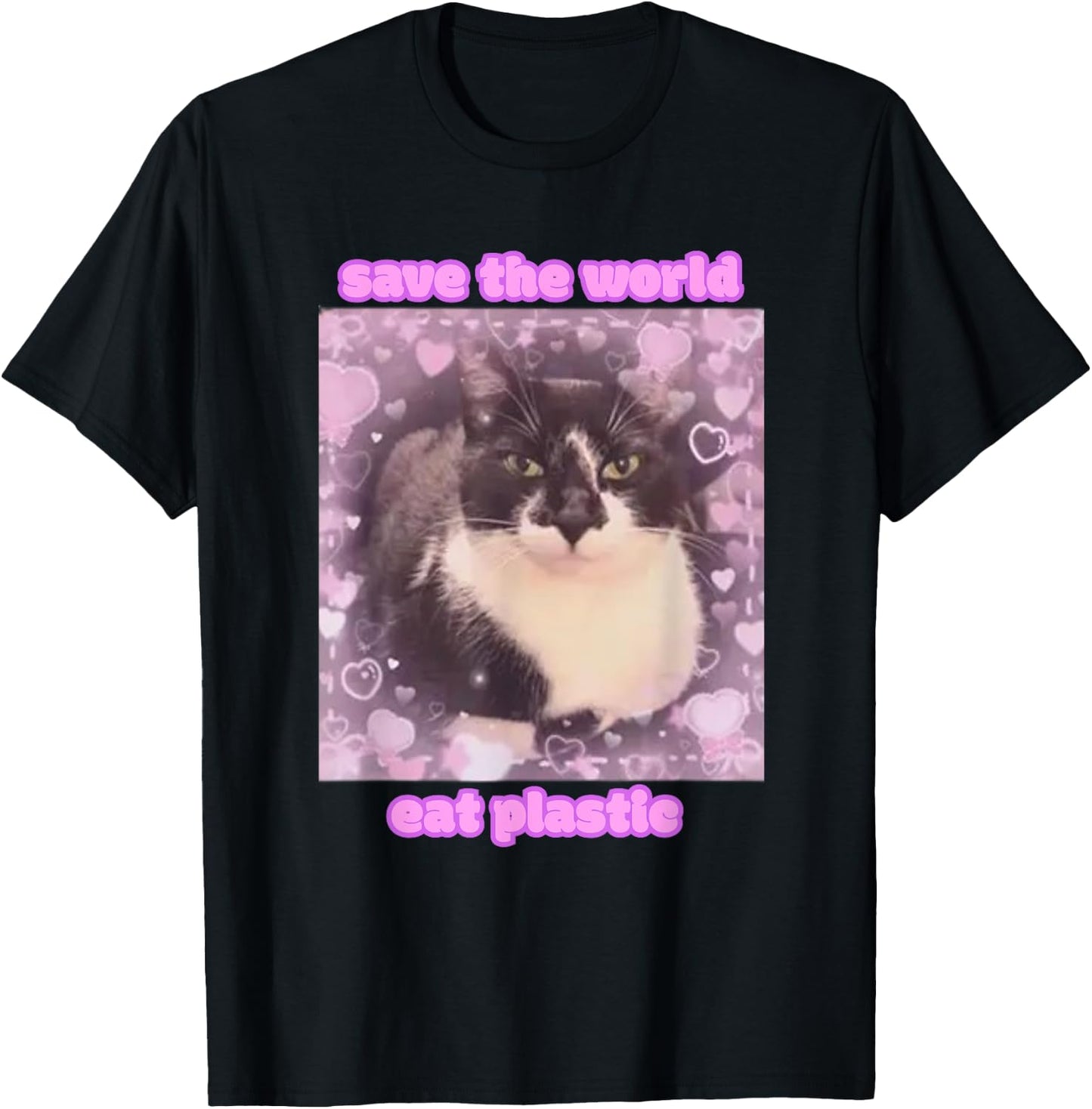Cat Graphic with Funny Slogan Save The World Eat Plastic y2k T-Shirt - T-Shirt | Black