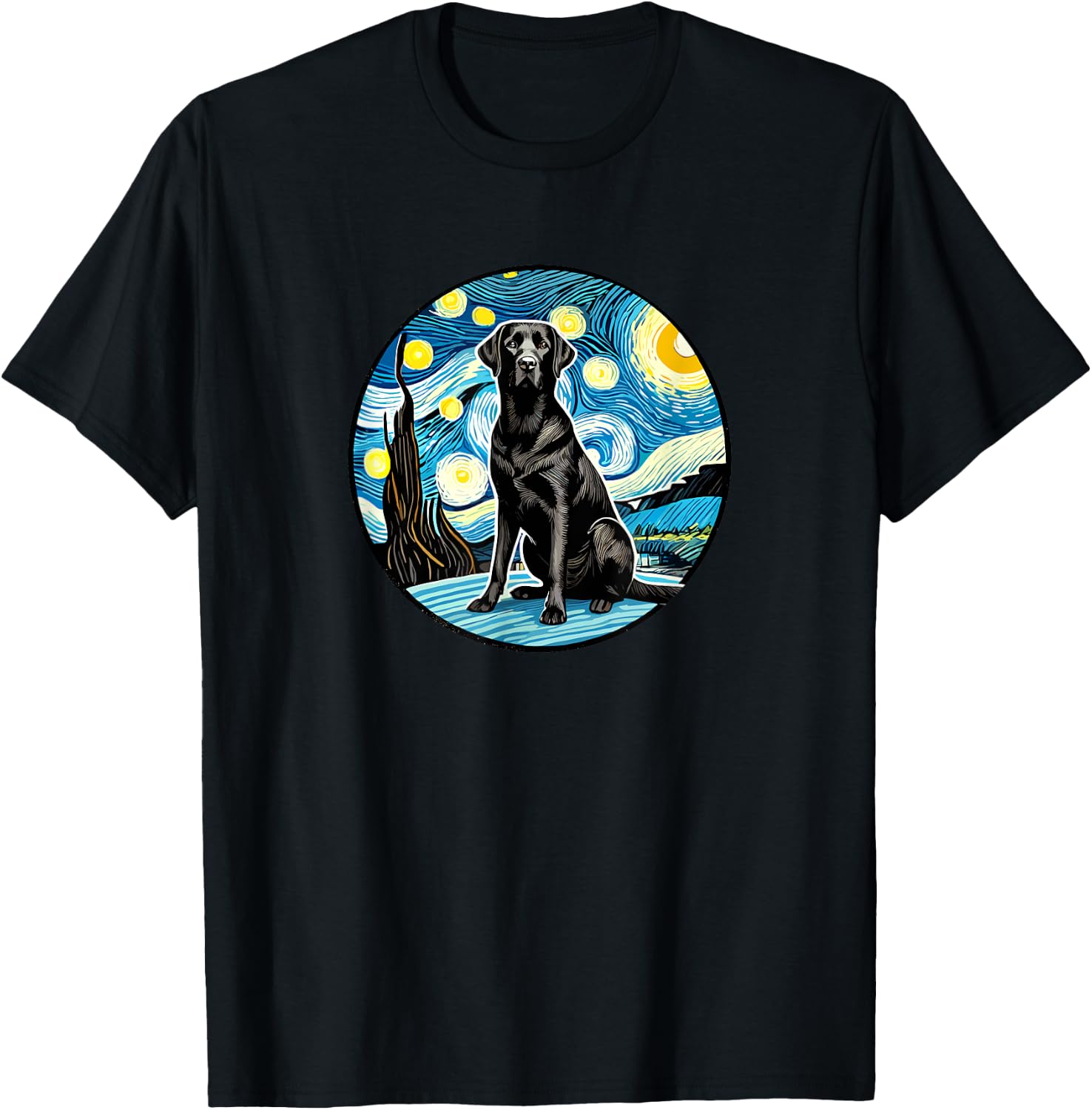 Black Labrador Retriever Lab - Van Gogh Starry Night Style T-Shirt - T-Shirt | Black