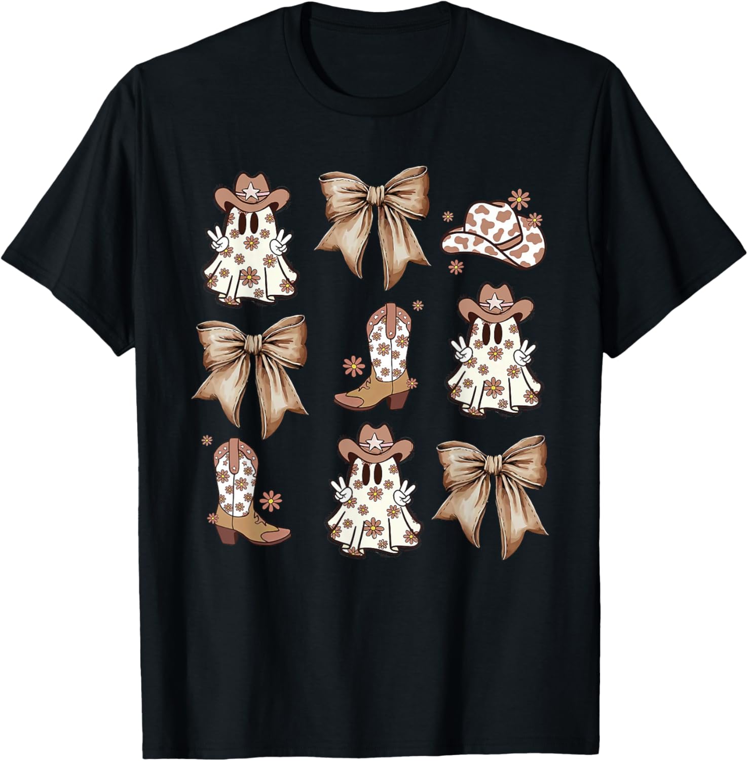 Coquette Bow Spooky Funny Ghost Cowboy Western Halloween T-Shirt - T-Shirt | Black