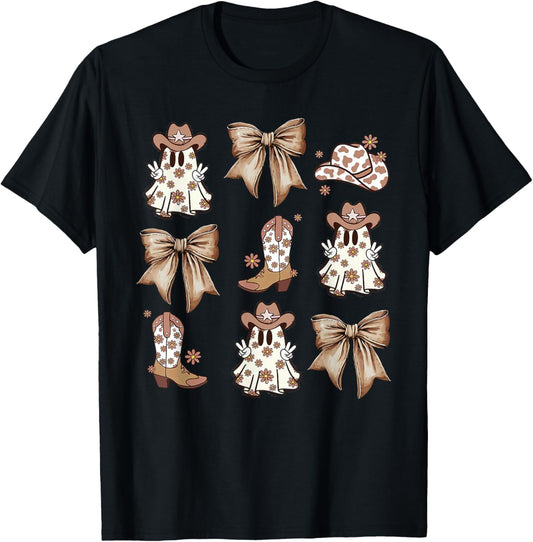 Coquette Bow Spooky Funny Ghost Cowboy Western Halloween T-Shirt - T-Shirt | Black