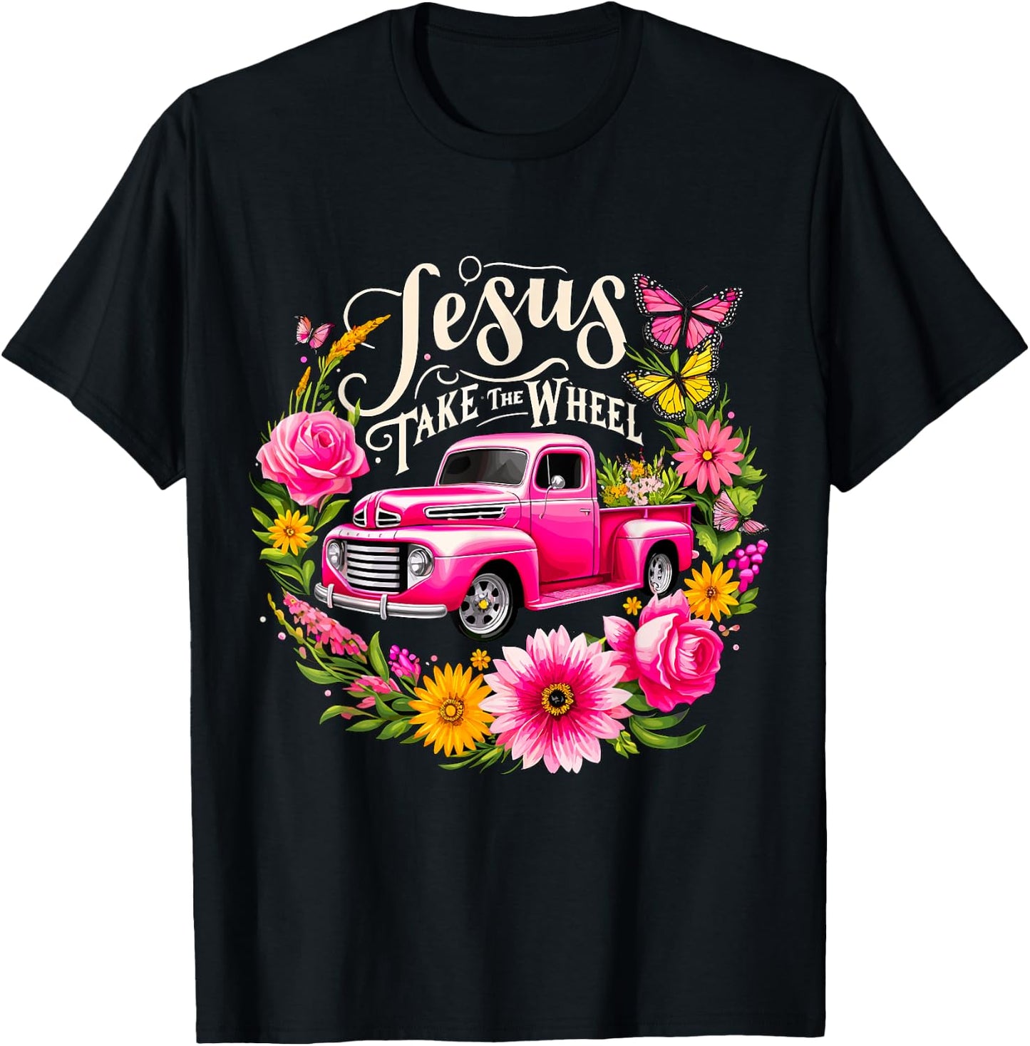 Jesus take the Wheel Floral Farm Truck Christmas Xmas T-Shirt - T-Shirt | Black