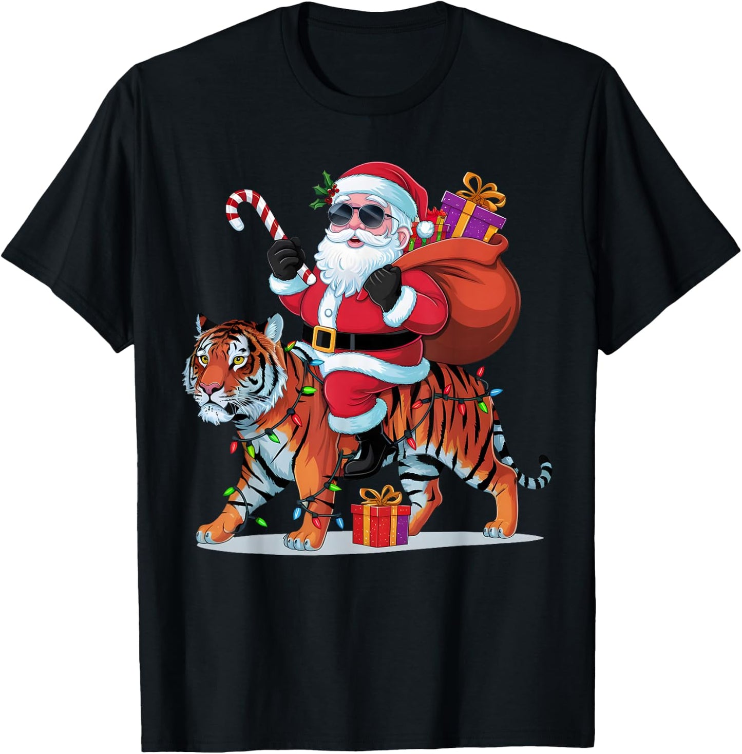 Tiger Lover Xmas Lighting Santa Riding Tiger Christmas T-Shirt - T-Shirt | Black