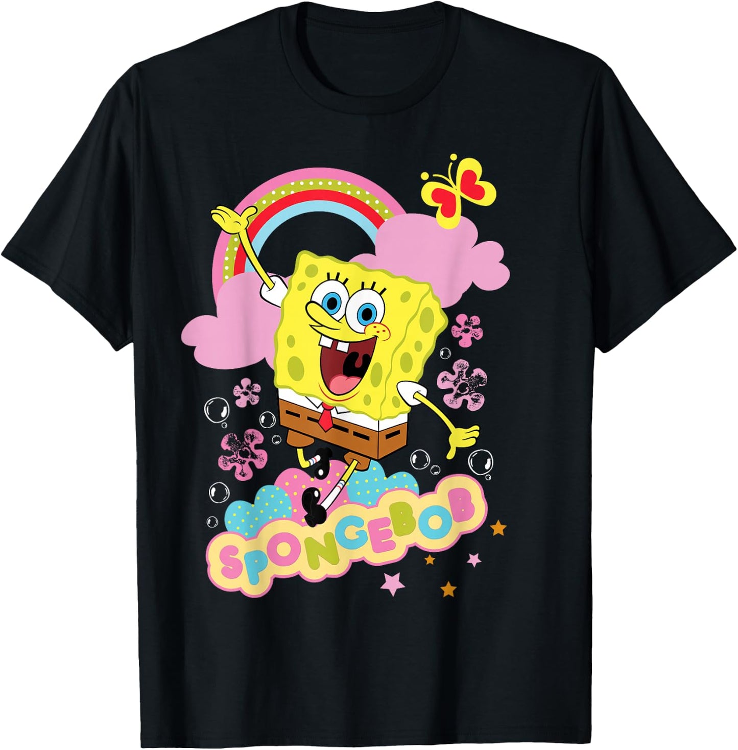 Spongebob Squarepants Flowers and Rainbow T-Shirt - T-Shirt | Black