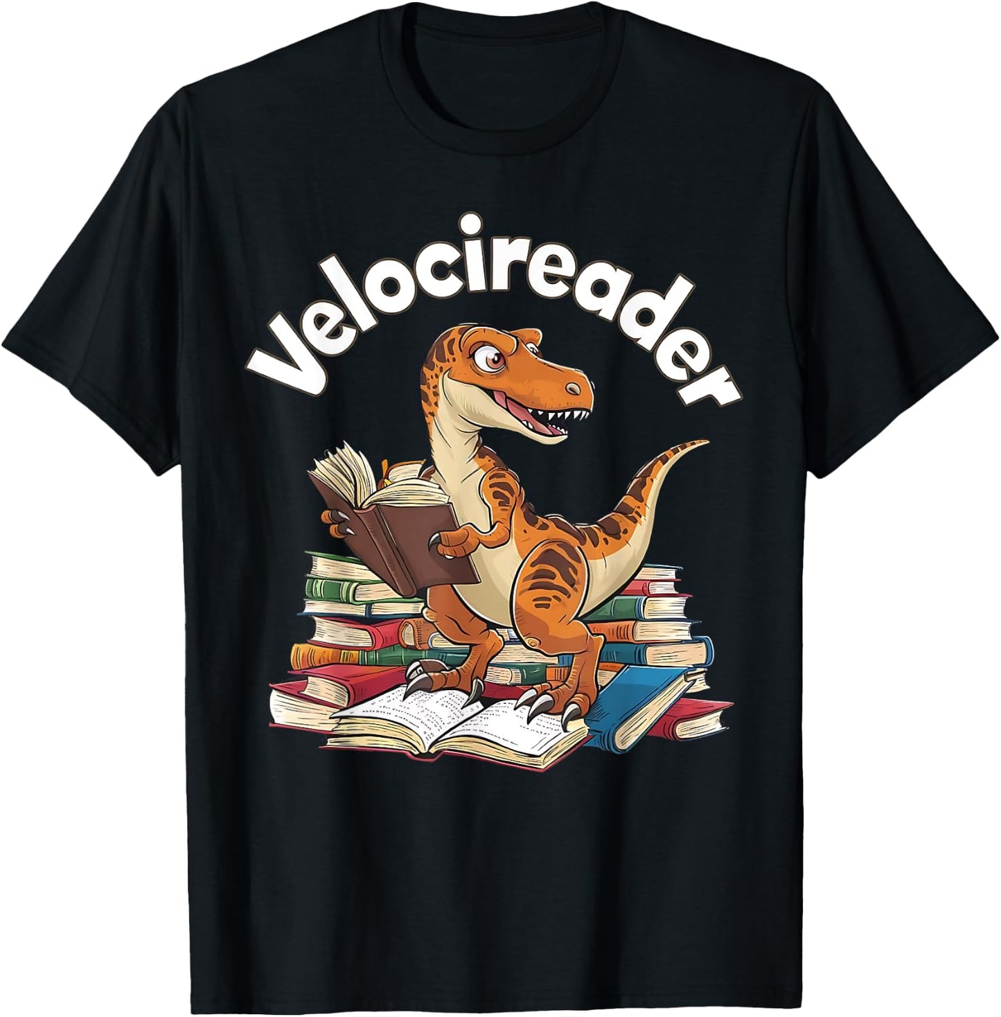 Velocireader Funny Velociraptor Dinosaur Reading Book Lover T-Shirt - T-Shirt | Black
