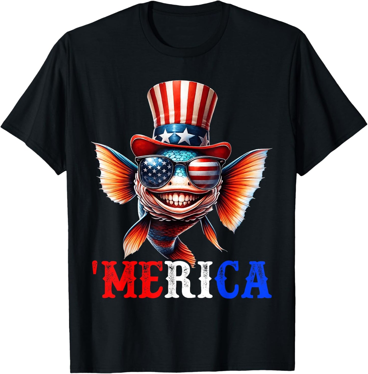 Merica Fish Patriotic 4th of July Funny Men Women T-Shirt - T-Shirt | Black