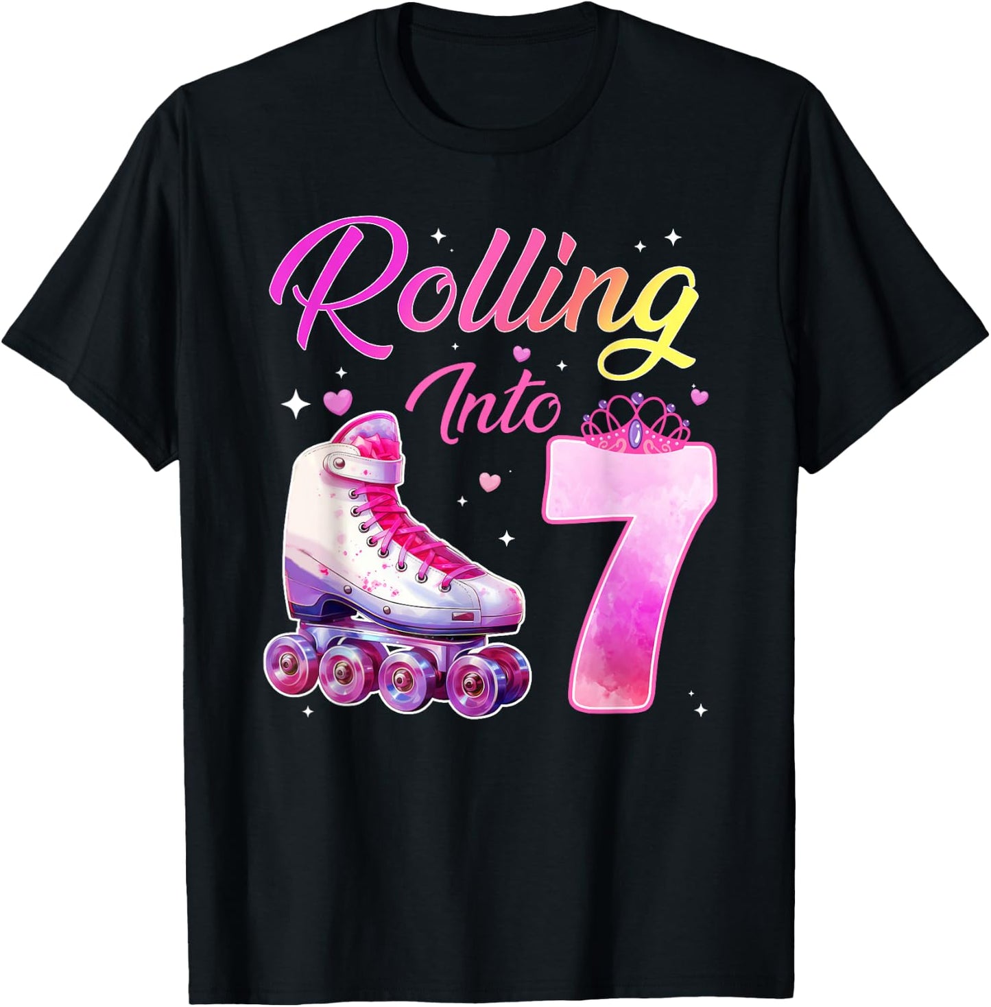 Rolling Into 7 Girl 7th Birthday Roller Skating T-Shirt - T-Shirt | Black