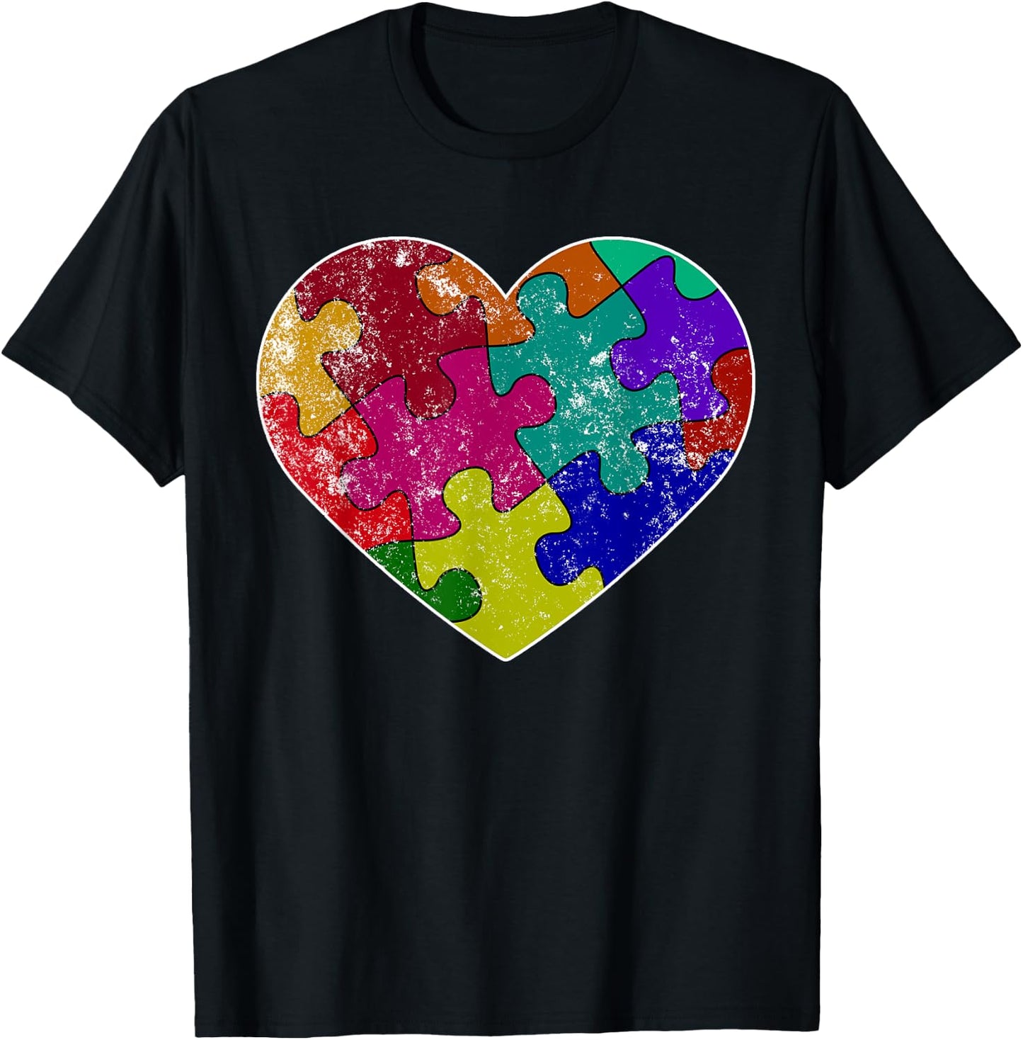 Heart Autism Puzzle Piece Shirt - Autism Vintage Print T-Shirt - T-Shirt | Black