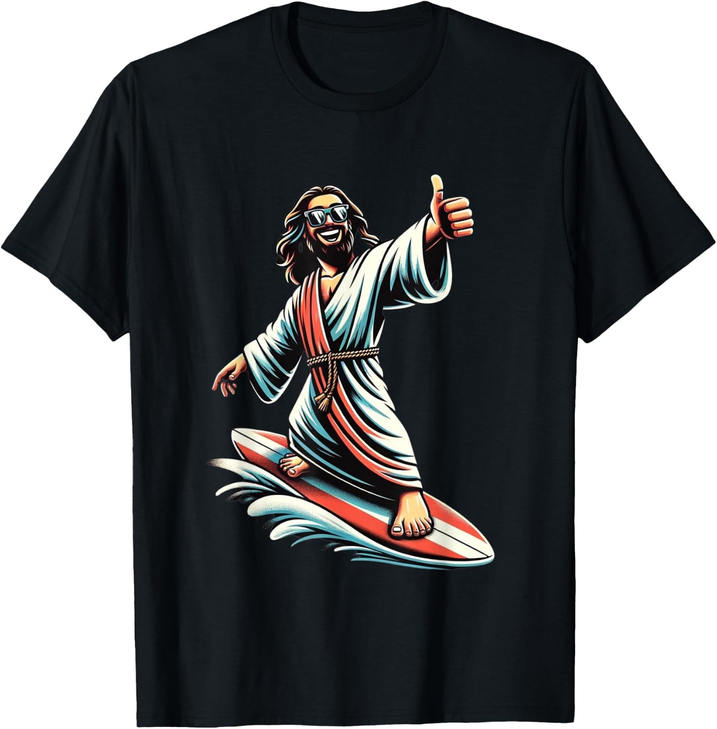 Jesus Surfing on Water, Thumbs-up Fun Christian Design T-Shirt - T-Shirt | Black