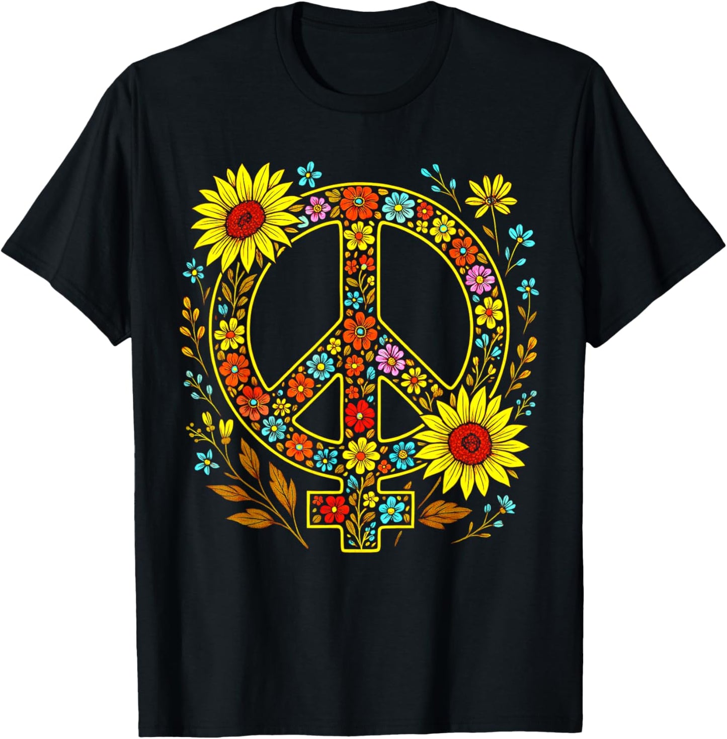 Feminist Peace Symbol Vintage Floral Hippie Women Sunflower T-Shirt - T-Shirt | Black