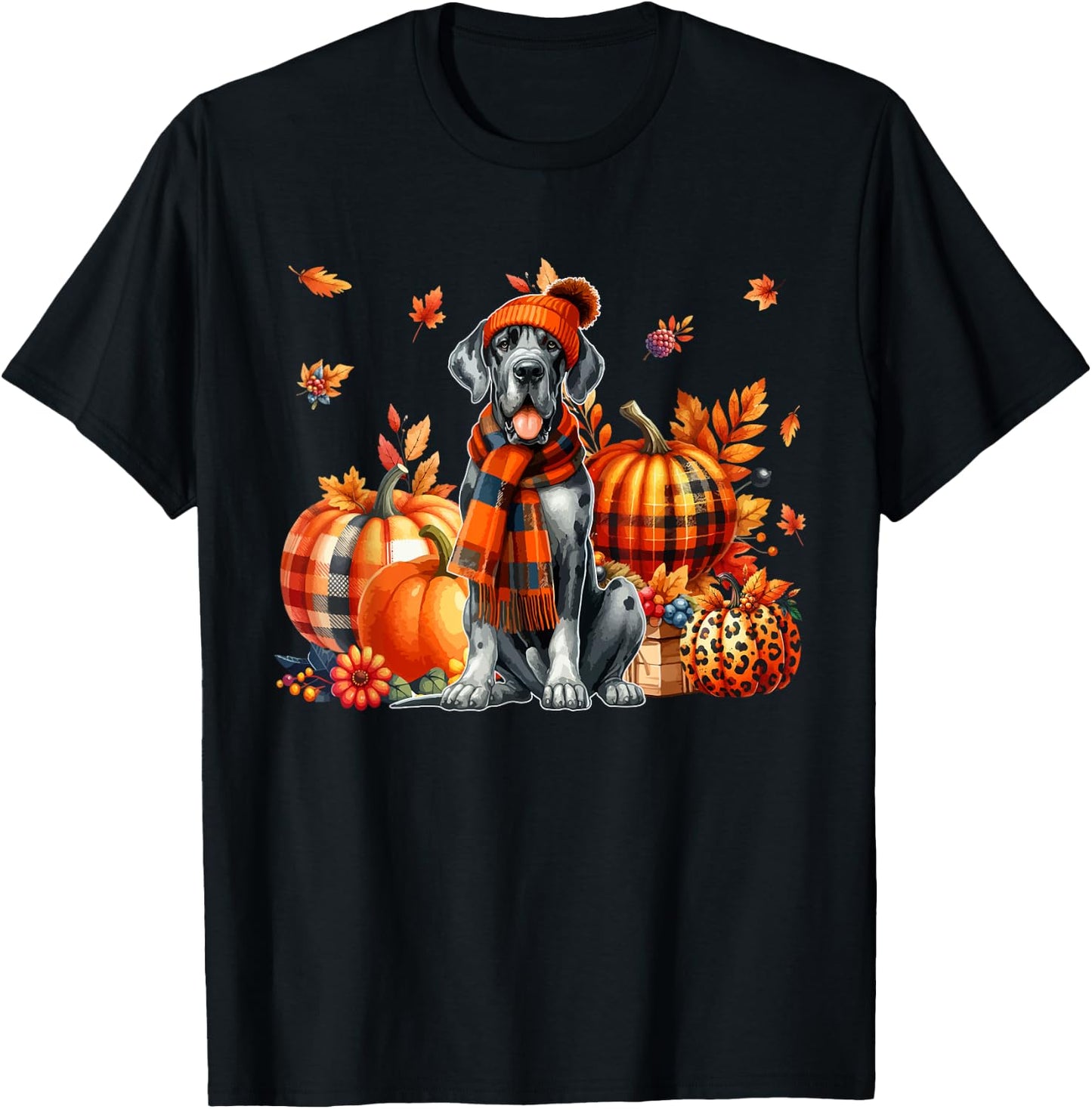 Great Dane Thanksgiving Leopard Pumpkins Fall Leaves Lover T-Shirt - T-Shirt | Black