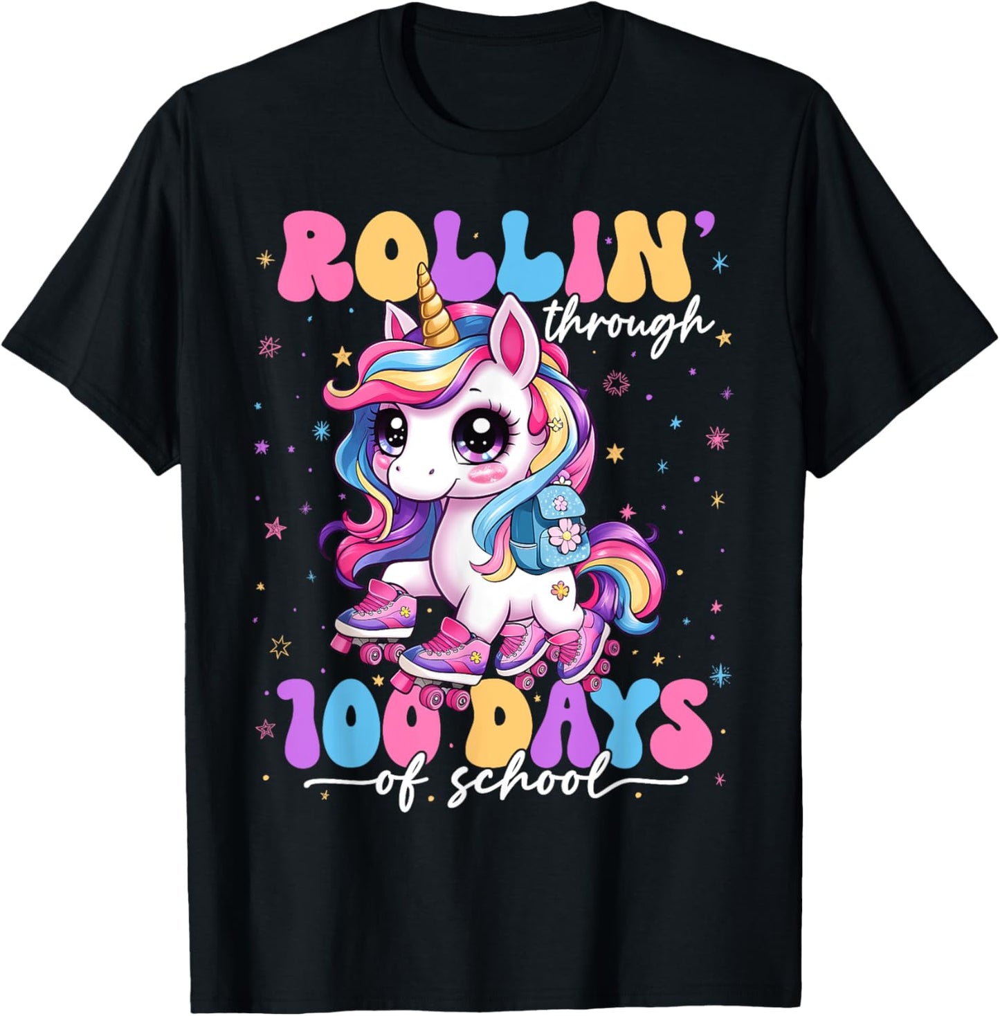 Rollin' Through 100 Days Of School 100th Day Unicorn Teacher T-Shirt - T-Shirt | Black