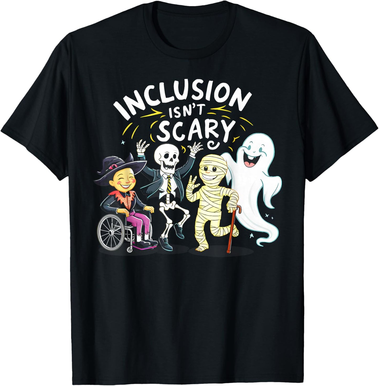 Inclusion Isn't Scary Teacher Skeleton Ghost Cute Halloween T-Shirt - T-Shirt | Black