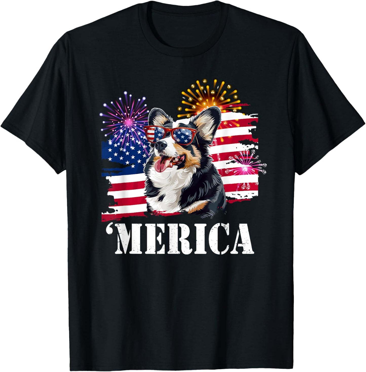 Funny USA Flag 4th 'Merica Black Tricolor Corgi Lover T-Shirt - T-Shirt | Black