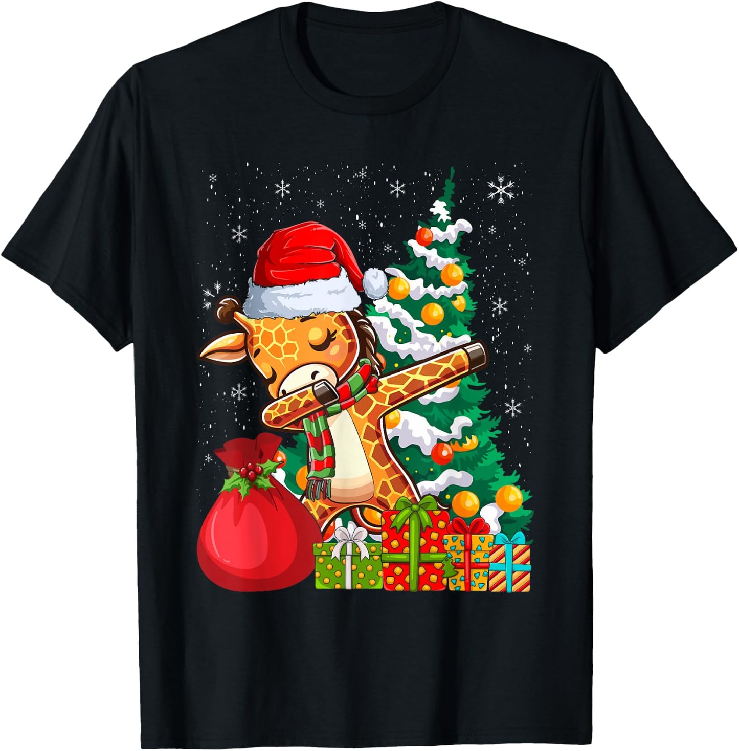 Dabbing Giraffe Santa Christmas Kids Boys Girls T-Shirt - T-Shirt | Black