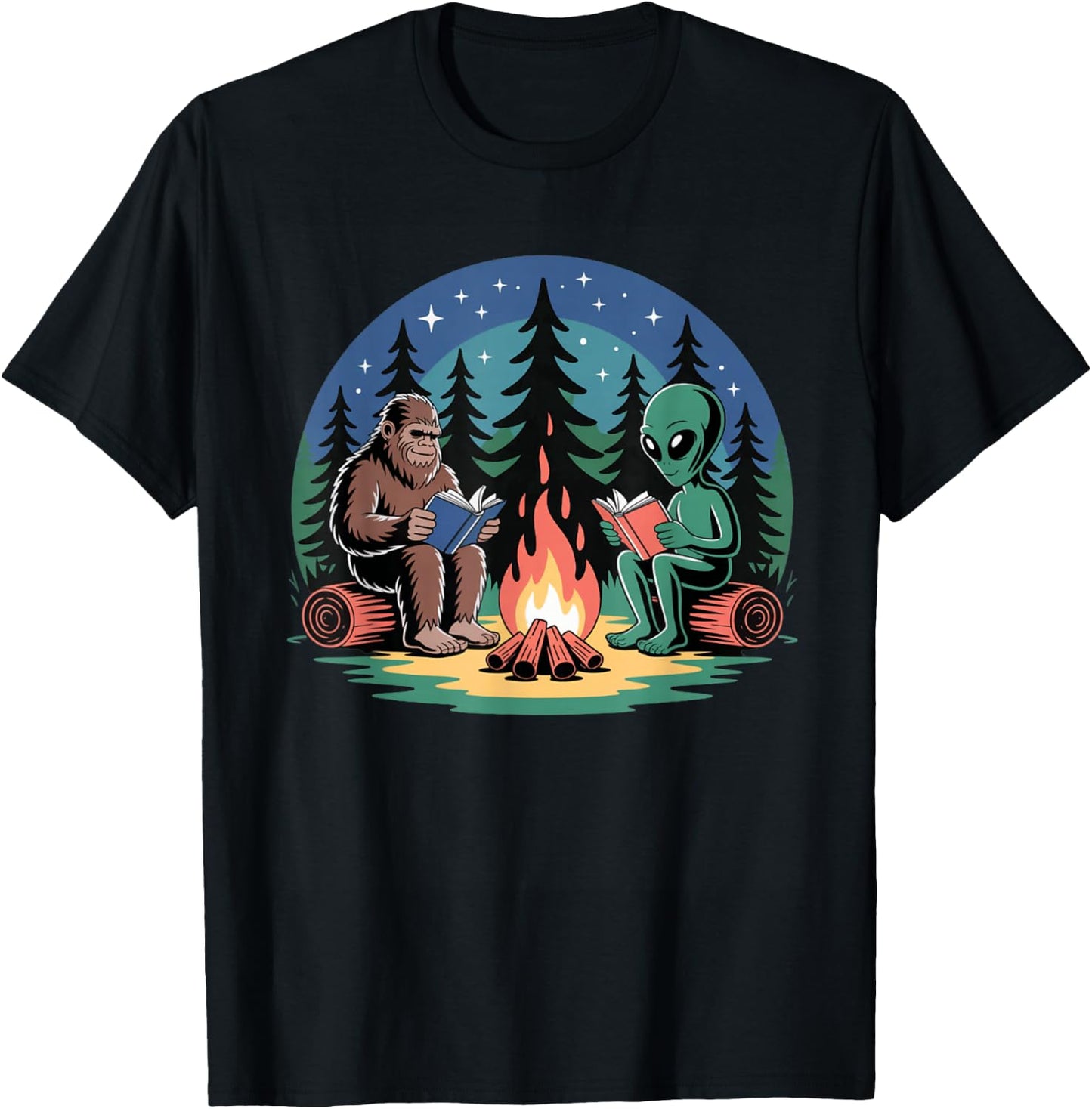Alien Camping Bigfoot Campfire Reading Peaceful Forest T-Shirt - T-Shirt | Black