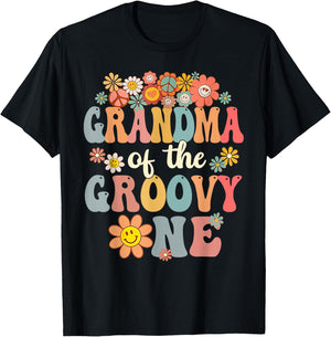 Retro Grandma of Groovy One Matching Family 1st Birthday T-Shirt - T-Shirt | Black