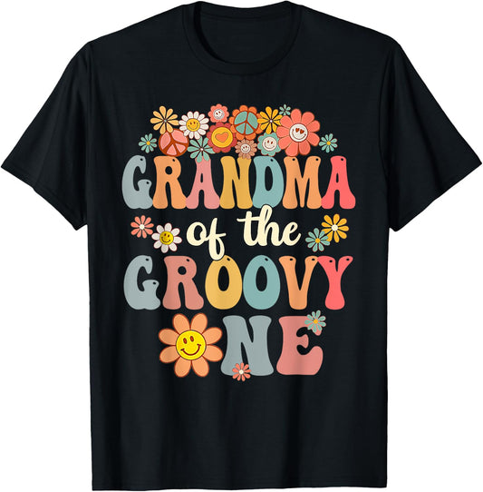 Retro Grandma of Groovy One Matching Family 1st Birthday T-Shirt - T-Shirt | Black