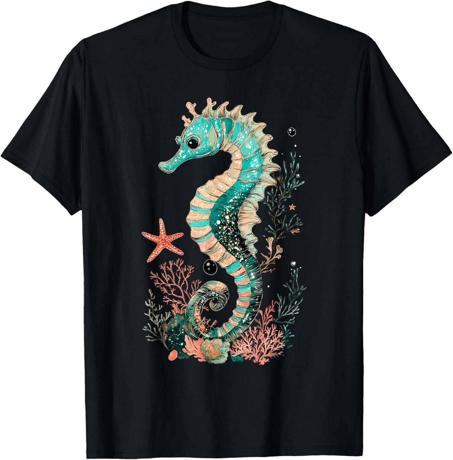Seahorse Coral Starfish Nautical Art T-Shirt - T-Shirt | Black