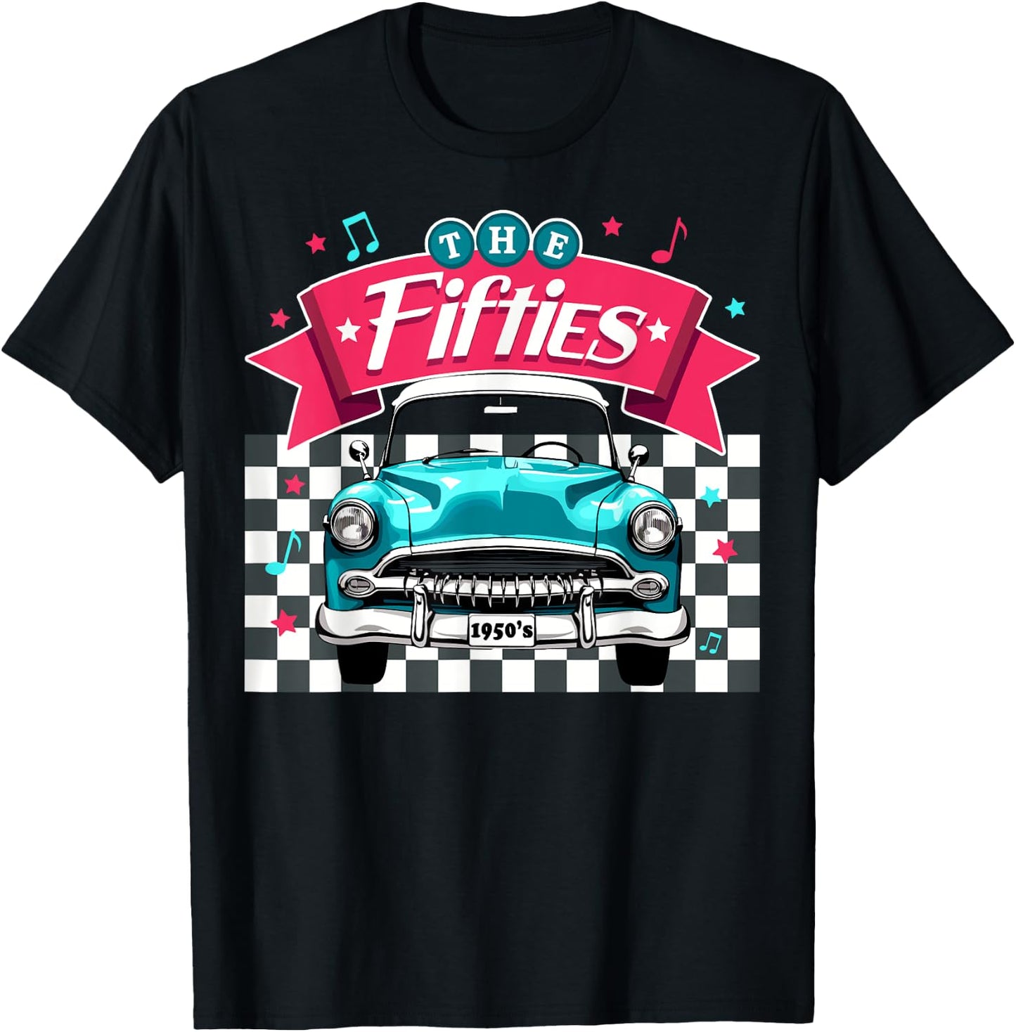 The Fifties 1950s Car Music Checkerboard Rockabilly Sock Hop T-Shirt - T-Shirt | Black