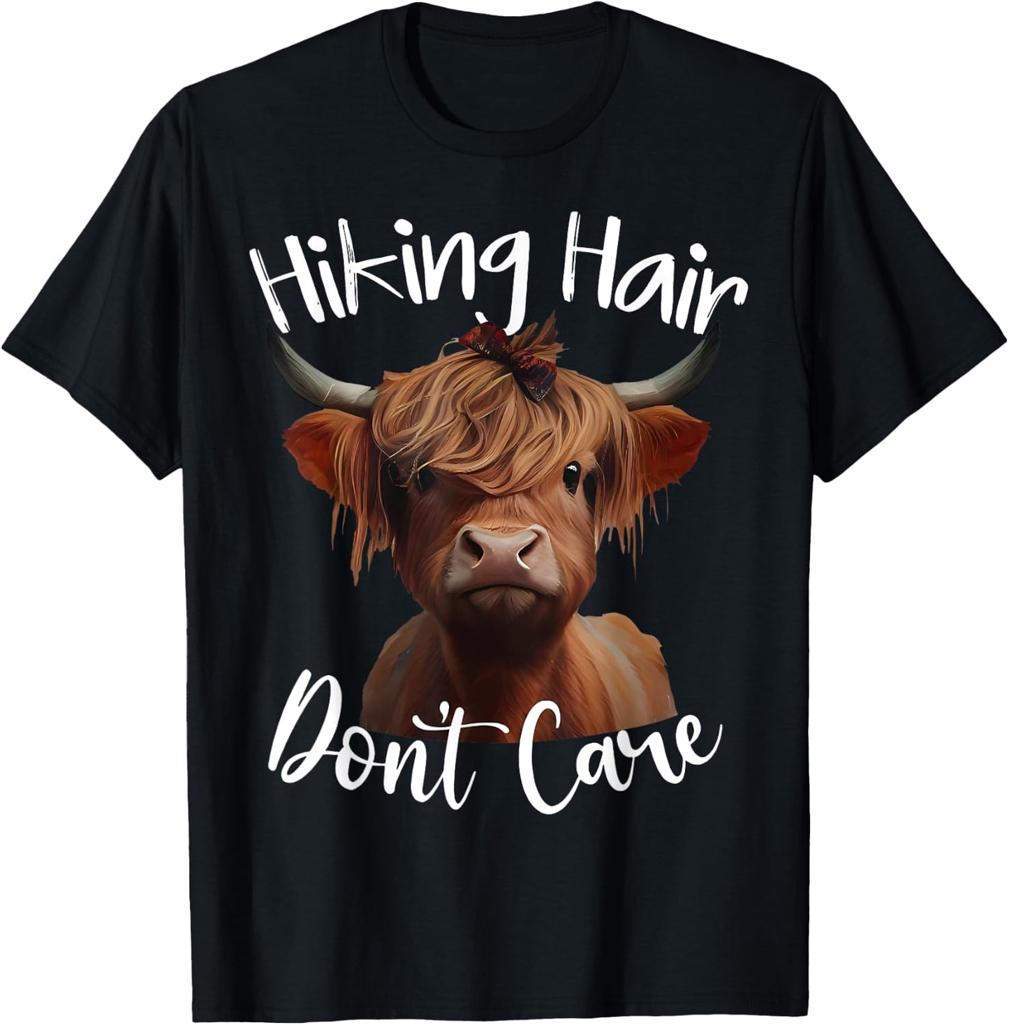 Funny Camping Highland Cow Hiking Hair Don't Care T-Shirt - T-Shirt | Black