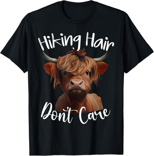 Funny Camping Highland Cow Hiking Hair Don't Care T-Shirt - T-Shirt | Black