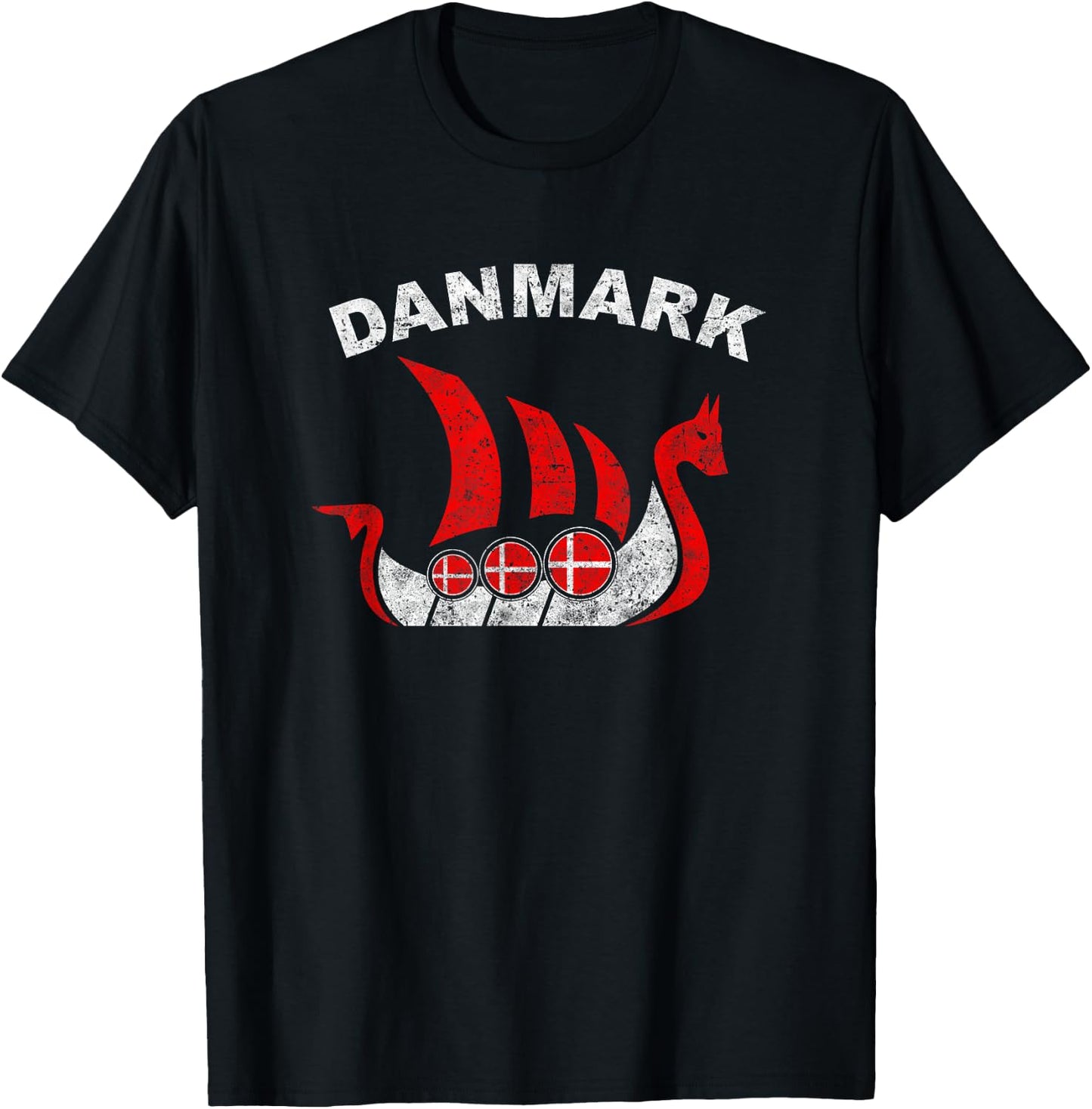 Danmark Viking Ship T Shirt Denmark Flag colors T-Shirt - T-Shirt | Black