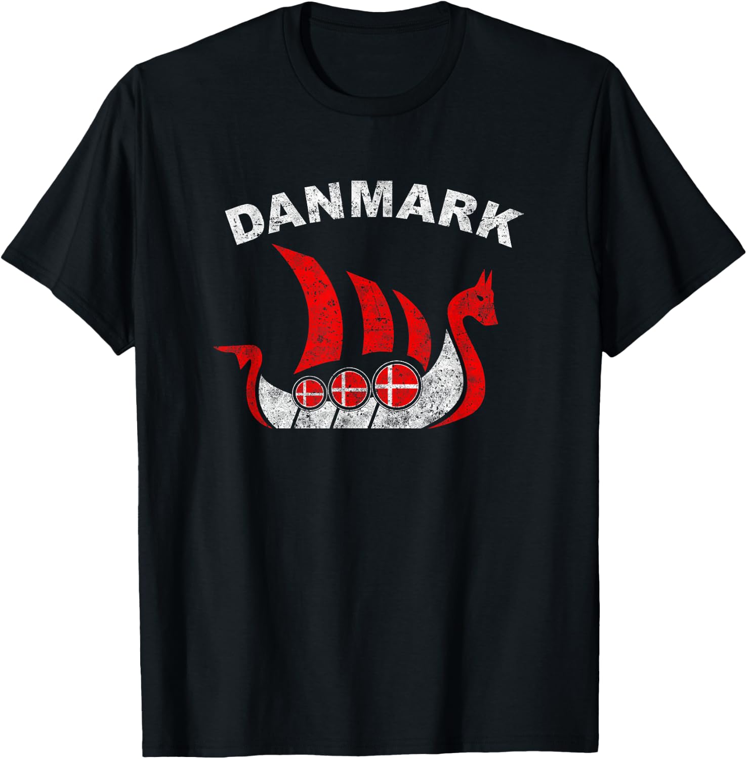 Danmark Viking Ship T Shirt Denmark Flag colors T-Shirt - T-Shirt | Black