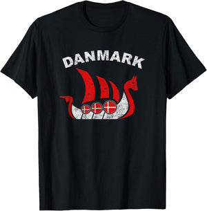Danmark Viking Ship T Shirt Denmark Flag colors T-Shirt - T-Shirt | Black