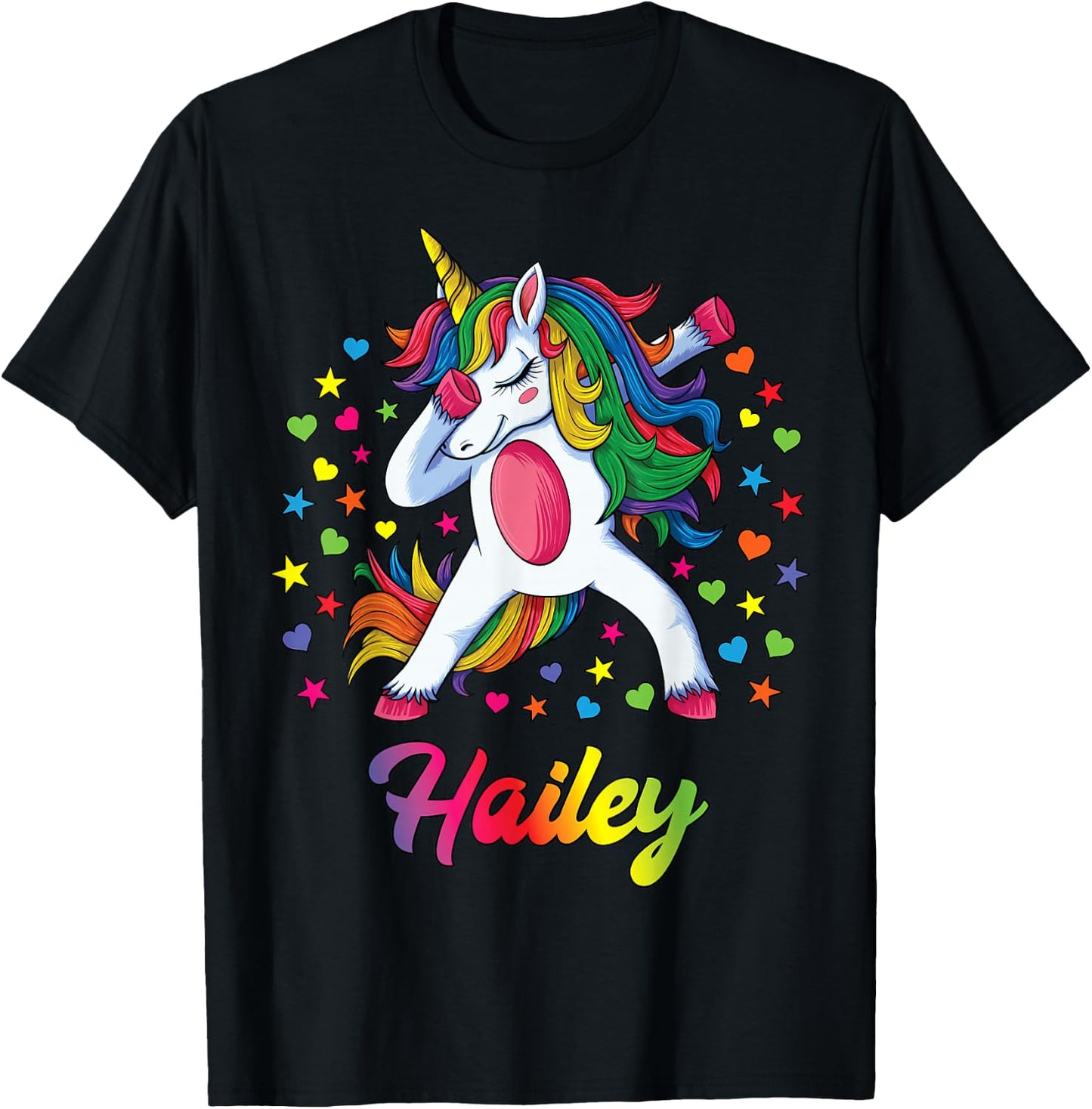 Hailey Dabbing Unicorn Rainbow Personalized Name Custom T-Shirt - T-Shirt | Black