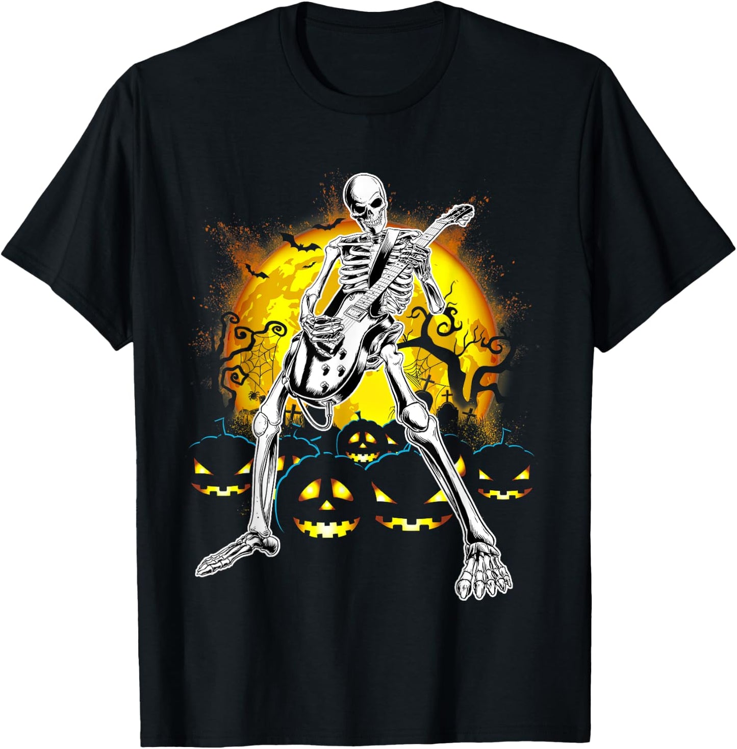 Happy Halloween Funny Skeleton Playing Guitar Pumpkin Vibes T-Shirt - T-Shirt | Black