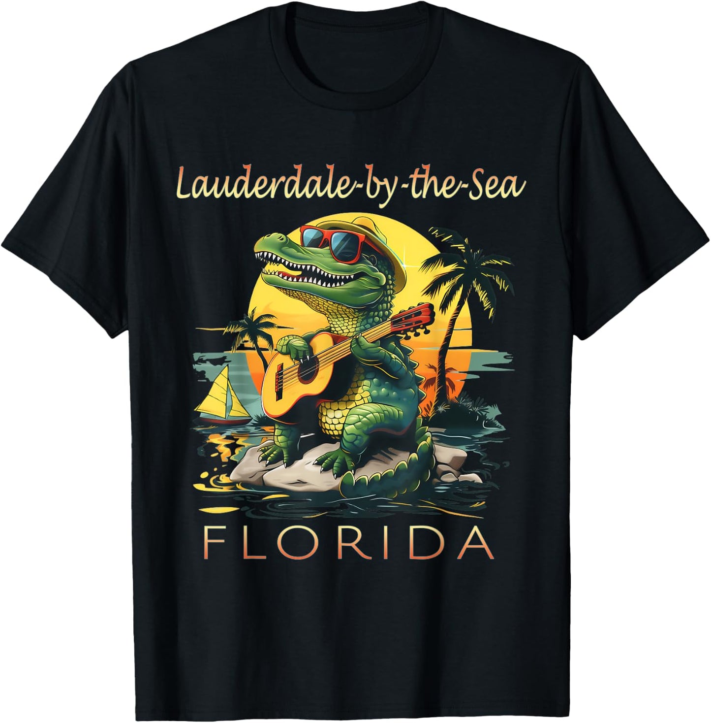 Lauderdale-by-the-Sea Florida Vacation Cute Alligator Sunset T-Shirt - T-Shirt | Black