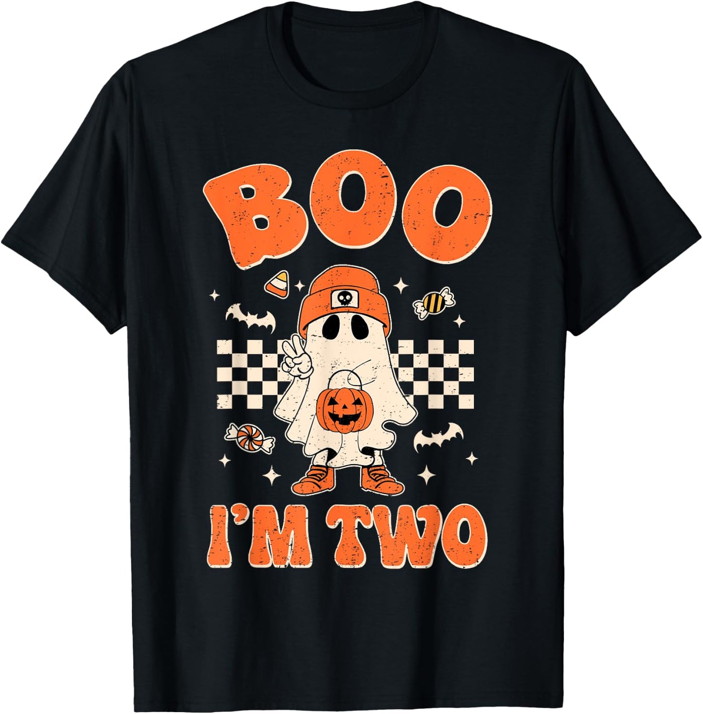 Boo I'm Two Years Old Birthday Kid Boy Retro Ghost Halloween T-Shirt - T-Shirt | Black