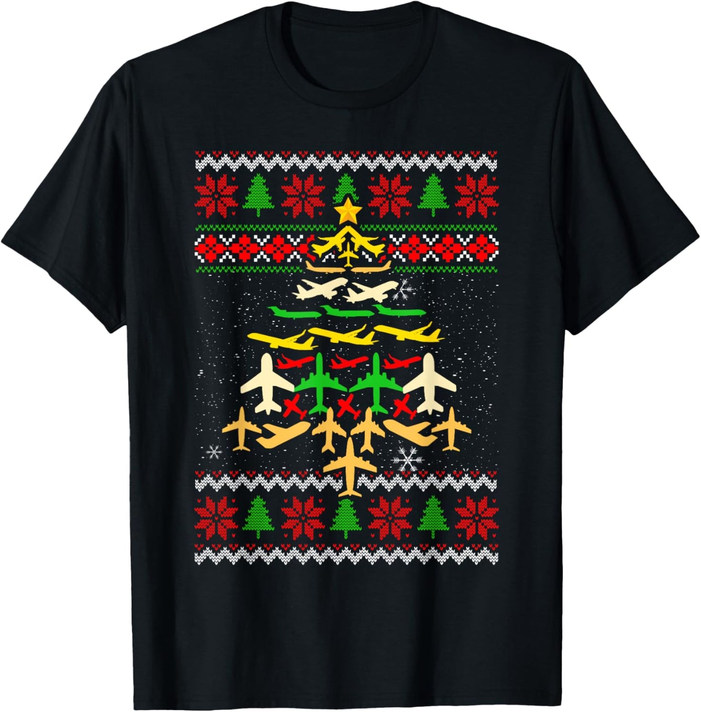 Airplane Christmas Tree Ugly Xmas Sweater Decoration Pilot T-Shirt - T-Shirt | Black