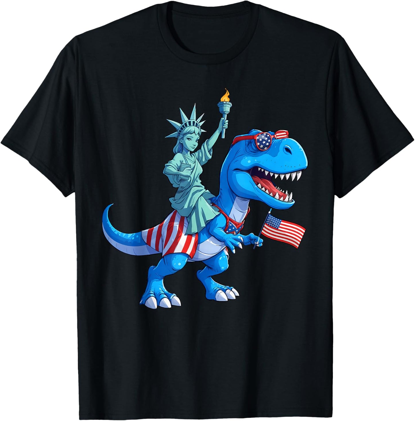 Dino Statue Of Liberty 4th Of July TRex American Flag Boys T-Shirt - T-Shirt | Black