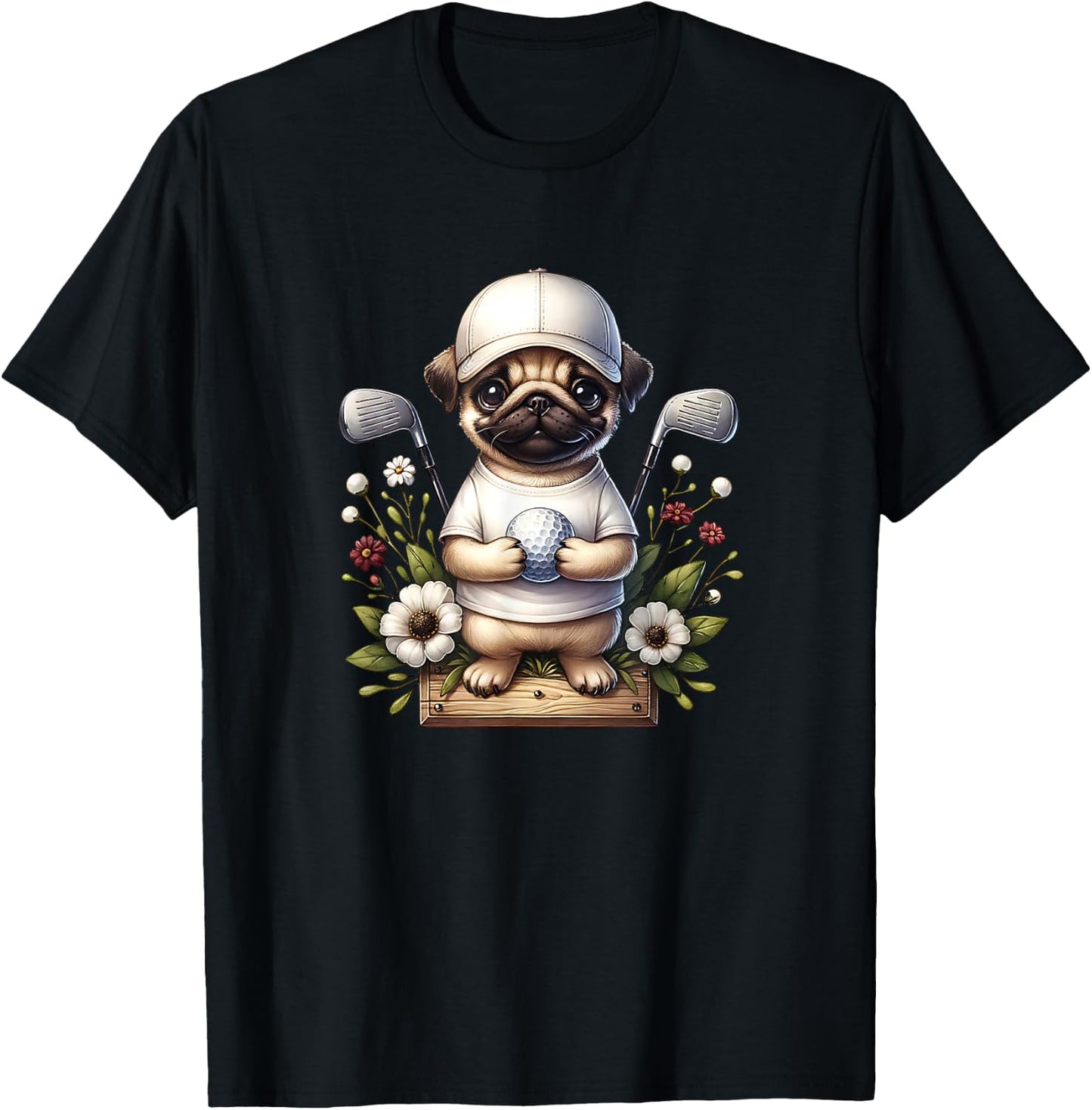 Funny Pug Golfer With Golf Ball And Clubs T-Shirt - T-Shirt | Black