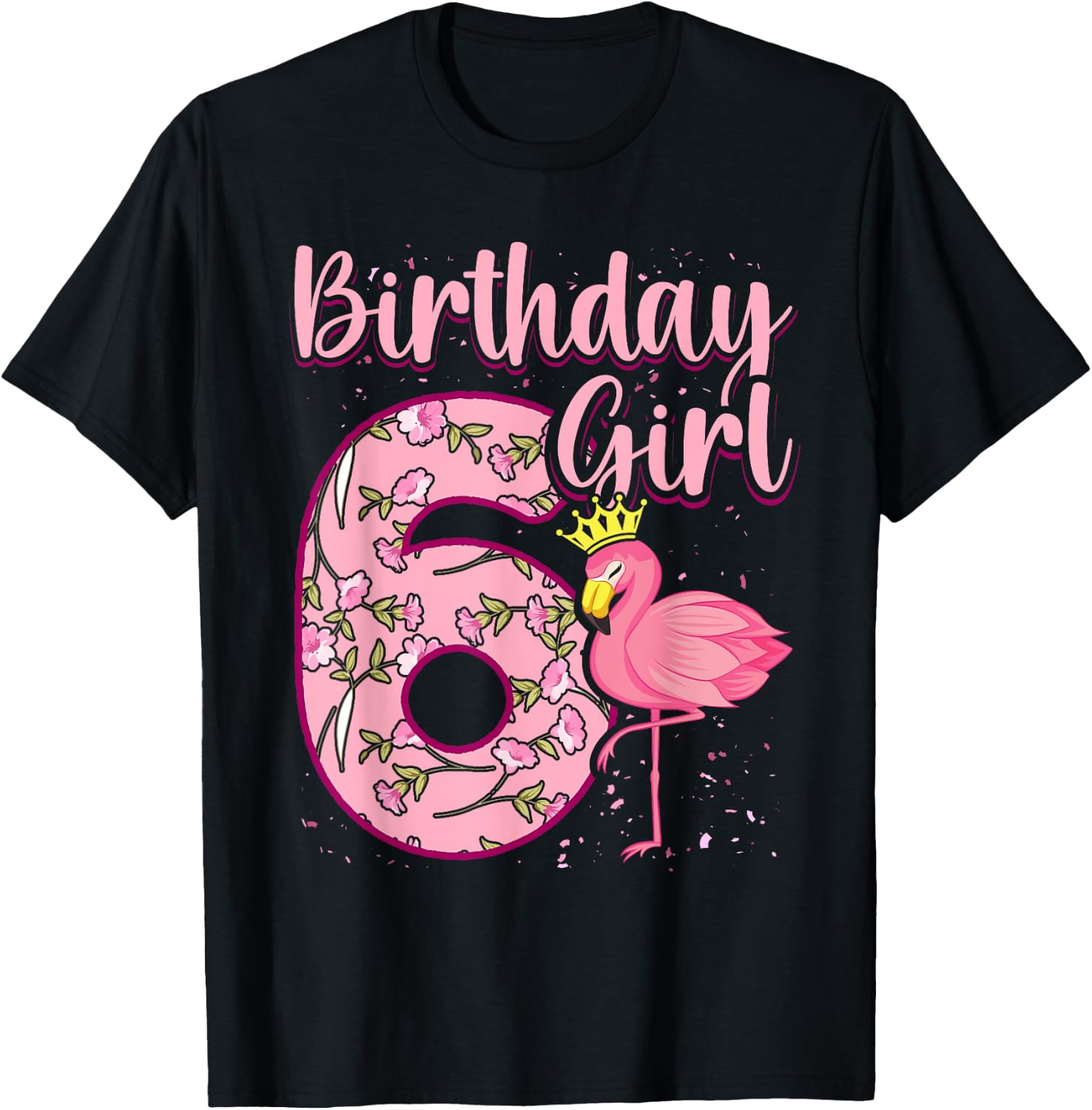6th Birthday Girls Flamingo 6 Years Old Tropical Flamingo T-Shirt - T-Shirt | Black