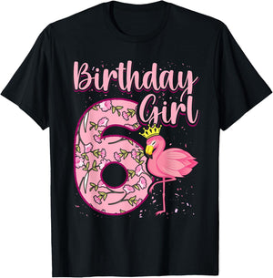 6th Birthday Girls Flamingo 6 Years Old Tropical Flamingo T-Shirt - T-Shirt | Black