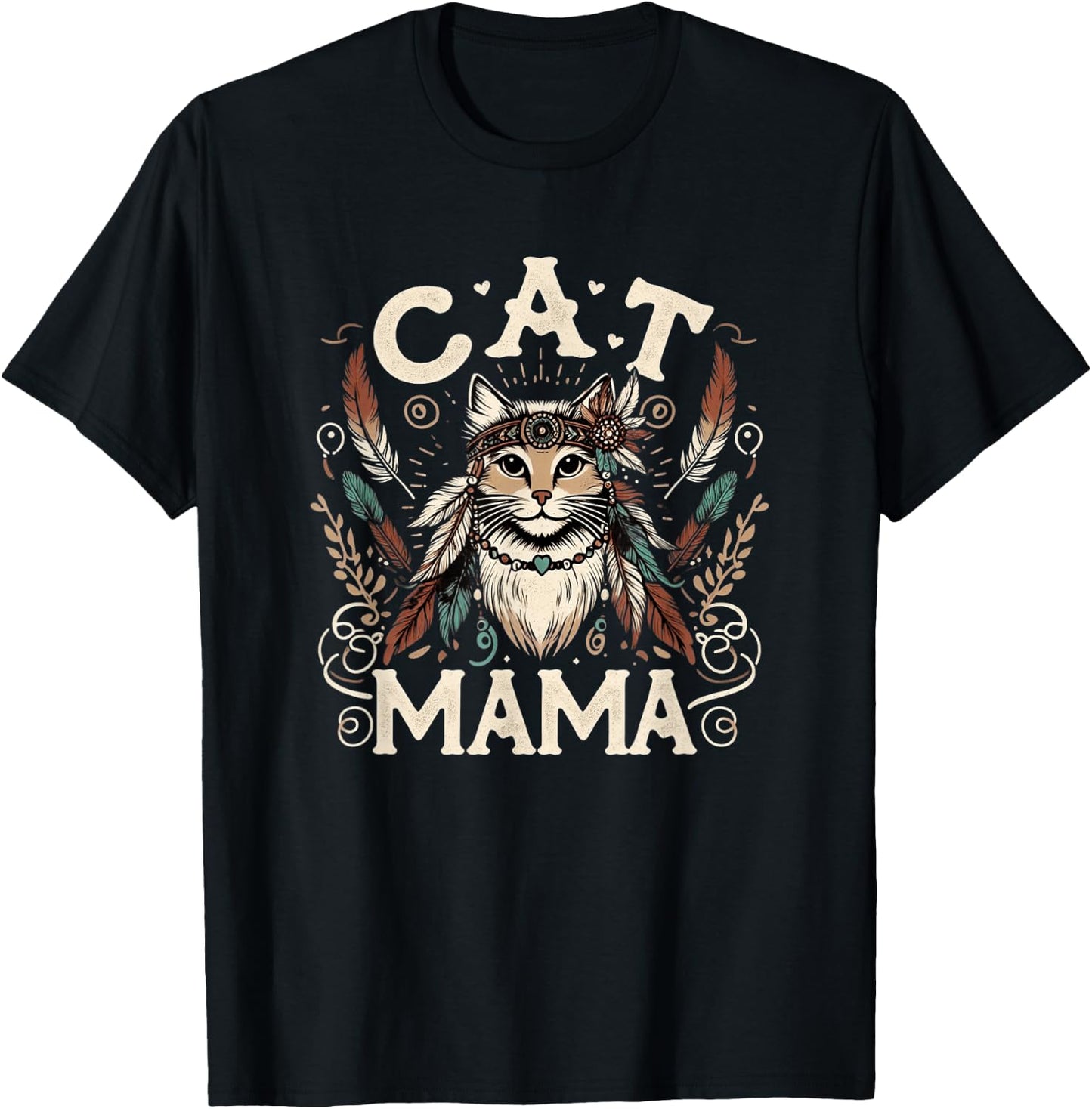 Cat Mama Cute Boho Cat Mother's Day Hippie Cat Mom T-Shirt - T-Shirt | Black