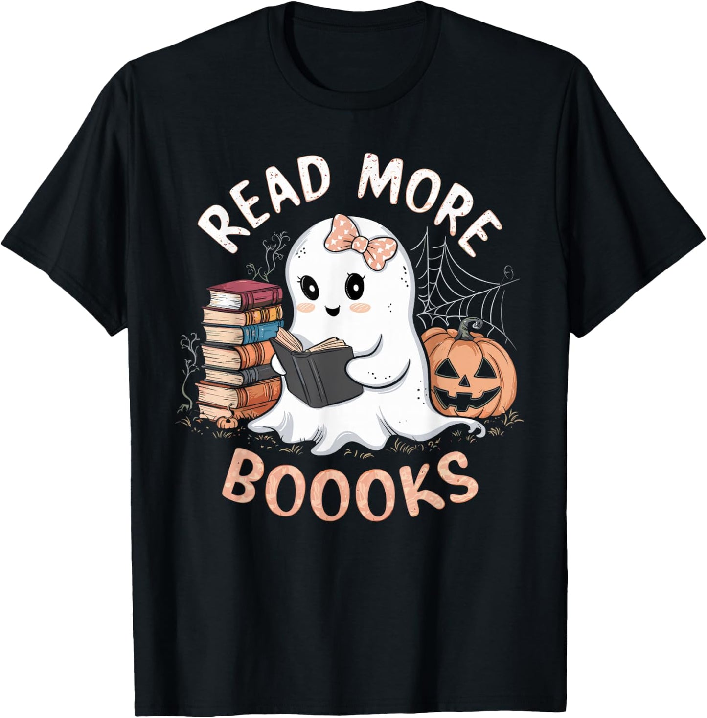 Cute Books Ghost Read More Booooks Funny Teacher Halloween T-Shirt - T-Shirt | Black