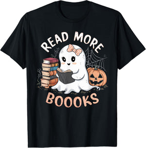 Cute Books Ghost Read More Booooks Funny Teacher Halloween T-Shirt - T-Shirt | Black