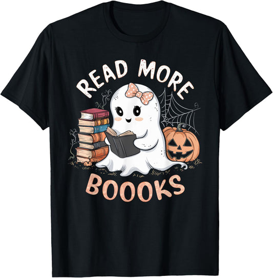 Cute Books Ghost Read More Booooks Funny Teacher Halloween T-Shirt - T-Shirt | Black